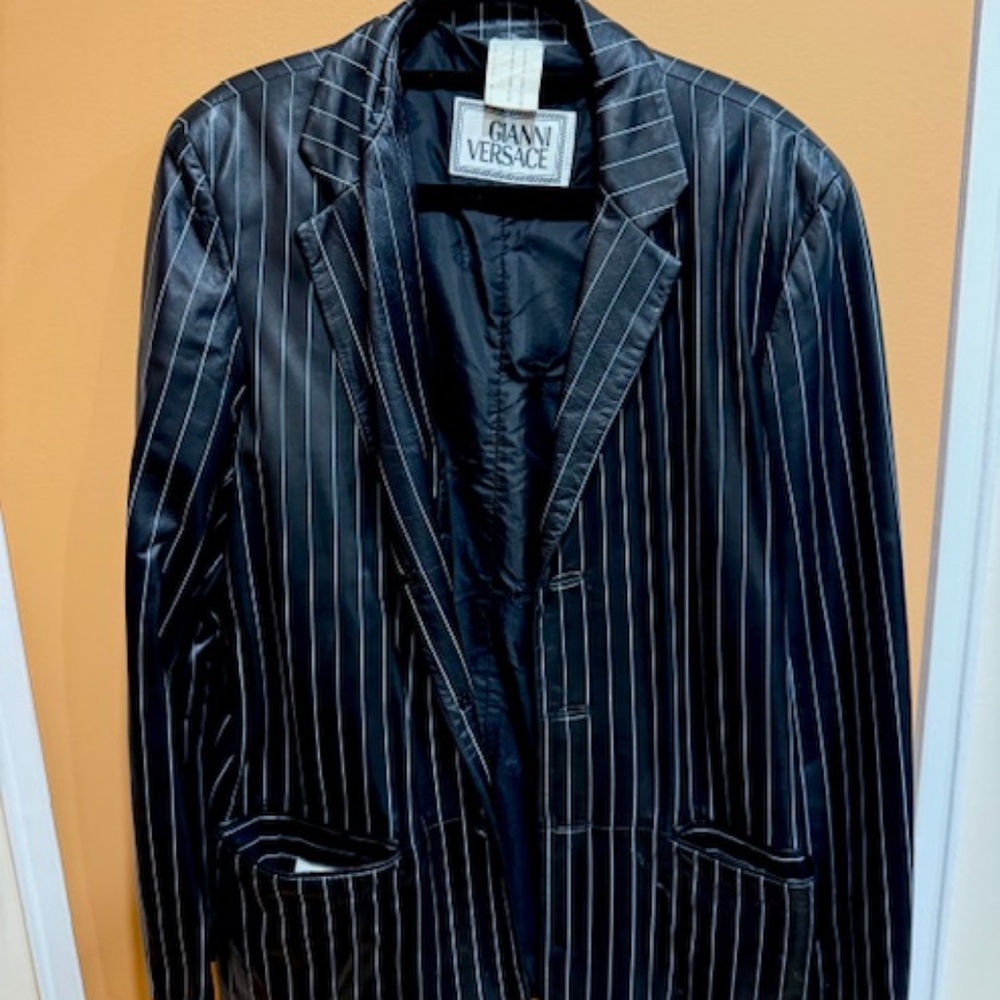 versace men leather jacket black with white pinstripes,